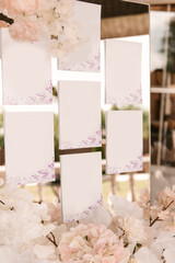 Wedding decorations. A beautiful seating chart decorated with flowers and free space
