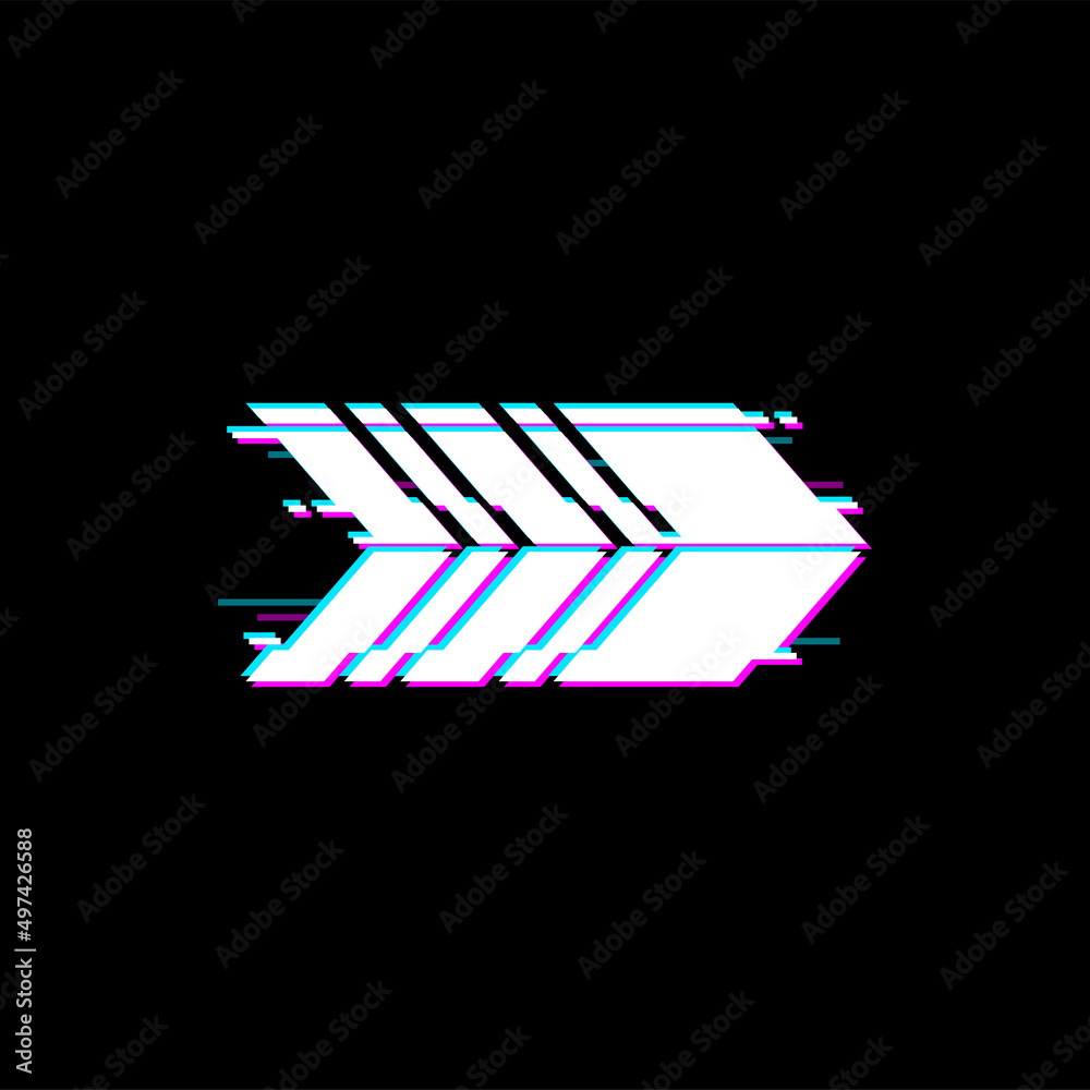 Poster Way pointer arrow ui game interface panel design element isolated web navigation button with glitch effect. Vector pointing right sign on malfunction or distortion display, pointer on right side