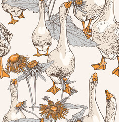 Seamless wallpaper pattern. Geese on a herbal Wildflowers background. Textile composition, hand drawn style print. Vector illustration.