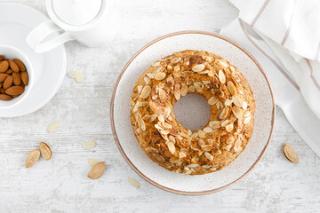 French almond cake with nuts. Top view, overhead