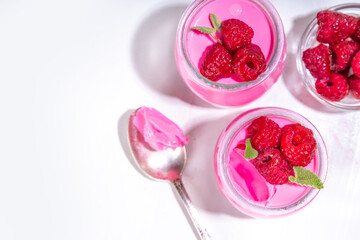 Raspberry panna cotta dessert with fresh raspberries and lemon balm mint leaves. Pink panna cotta in small portion jars on a white background