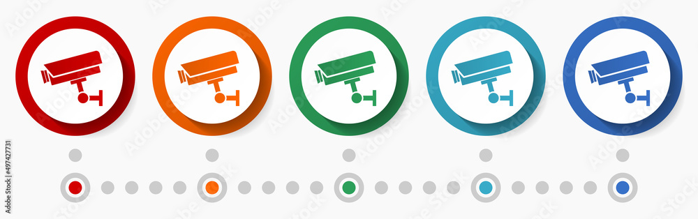Aufkleber cctv, security concept vector icon set, infographic template, flat design colorful web buttons in 5 
