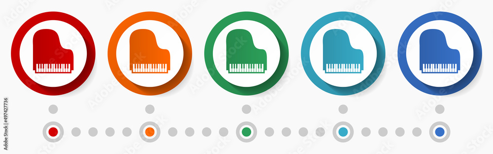 Aufkleber music, art concept vector icon set, infographic template, flat design colorful web buttons in 5 colo