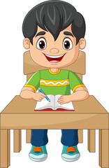 Cartoon little boy studying on the table