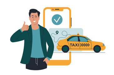 Taxi. Yellow car and mobile phone. A man in a jacket shows a class hand gesture. Concept. Vector image.