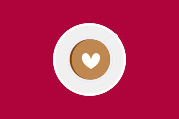 Coffee latte art heart pattern on red background.