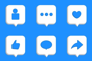 Set of 3d realistic bubbles with social media and digital marketing notification icons. Follow, comment, like, share, thumbs, love icon in dialog, chat, speech bubble collection for social network.