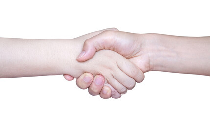 Man shaking hands with woman, white background