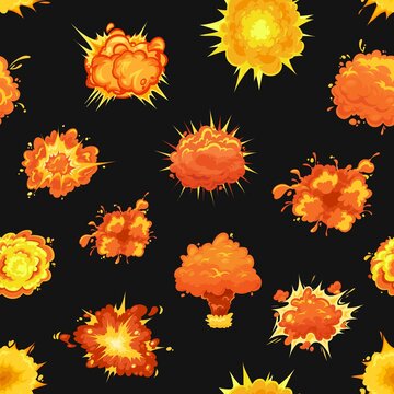 Seamless pattern with bomb explosion clouds. Background or backdrop, vector textile or fabric print with cartoon fiery bursts, explosive detonation blasts and bomb explosion flashes trails