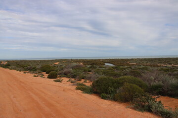 View overlooking the Little Lagoon creek and Shark Bay near the town of Denham, Western Australia.