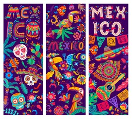 Mexican banners with calavera skulls, toucans, flowers and guitars, vector sombrero and poncho. Mexico holiday or fiesta party background with papel picado or alebrije chili pepper, maracas and cactus