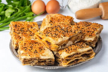 Traditional delicious Turkish cuisine, Turkish food; handmade mince pie, Turkish name; Kayseri Tandir boregi, Tandir boregi