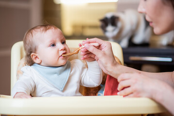 Mom feeds a happy baby fruit puree from a spoon. First food