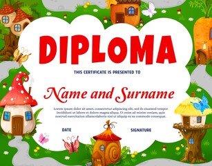 Kids diploma with fairy town of cartoon gnome and elf houses, vector education certificate. School appreciation diploma award with dwelling huts of homes of gnome elves in mushroom and tree stump