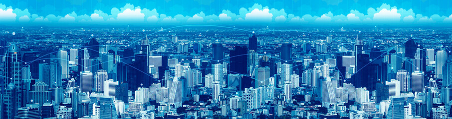 Blue visual city with digital network line for data connect technology