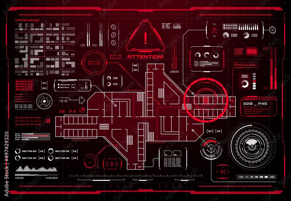 Aufkleber HUD security smart display interface. Vector prison map alert attention screen of Sci Fi game with red hologram danger, warning and caution messages, object location markers, graphs and charts