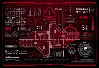 HUD security smart display interface. Vector prison map alert attention screen of Sci Fi game with red hologram danger, warning and caution messages, object location markers, graphs and charts