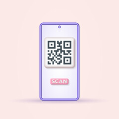 Qr code on the smartphone screen. Qr scan 3d icon. Payment with mobile phone concept. Vector illustration.