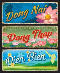 Fototapeta premium Dong Ni, Dong Thap and Dien Bien, Vietnamese provinces, vector travel plates and stickers. Vietnam regions or provinces welcome tin signs and tourism landmarks luggage tags with maps