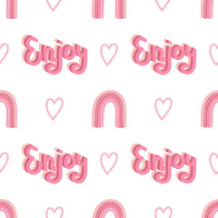 Girly rainbow vector seamless pattern with lettering