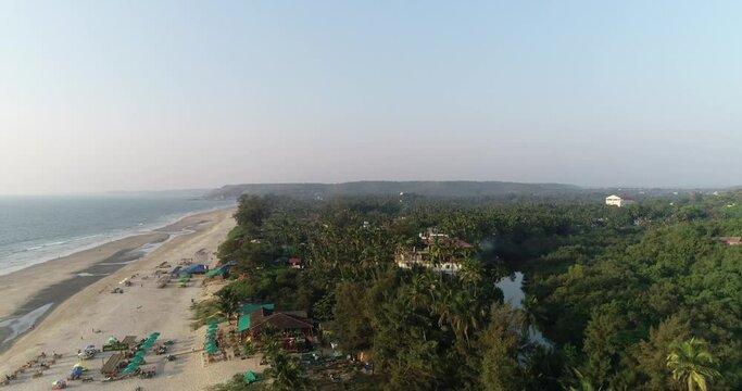 Aerial view of beach in Mandrem Goa, India.