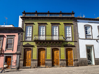 Teror at Gran Canaria, Spain. A beautiful traditional town with colorful houses with wooden...