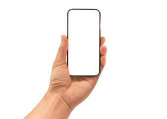 Hand holding mobile smart phone, blank white screen on white background