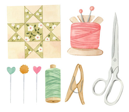 Hand painted watercolor illustration - quilting accessories.