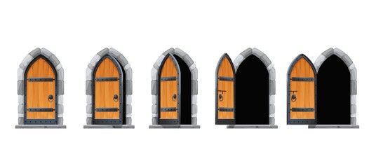 Cartoon castle open gate or door, vector motion animation of medieval palace entrance. Castle or house wooden arch gates to animate for opening and closing, old stone doorway or wood gateway
