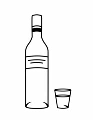 A bottle of vodka and a glass isolated on a white background. Alcoholic drink. Design elements for pubs, menus, restaurants, alcohol advertising. Vector illustration in doodle style