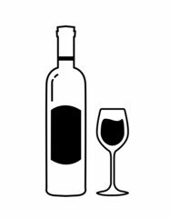 Bottle of wine with wineglass in line art drawing style. Minimalist black linear sketch isolated on white background. Good for banner, poster, advertising, pab, menu. Vector illustration