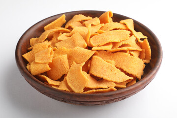 Spicy pakkavada ribbon pakoda rice gram flour savory. Popular deep fried in coconut oil. traditional South Indian tea time snack , Kerala India Sri Lanka Onam, Vishu, Diwali, Pongal