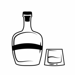 Single element of Bottle of rum with glass. Vector hand drawn illustration of bottle of rum in ink hand drawn style. Bottle of rum sketch. Draw illustration in black and white