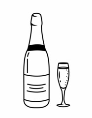 Vector illustration of bottle of champagne with glass isolated on white background. Celebration elements. Doodle, simple outline illustration. It can be used for decoration of textile, paper.