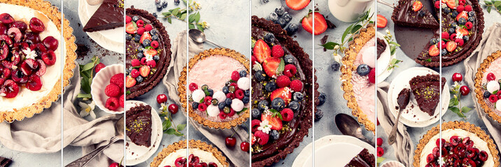 Fototapeta na wymiar Collage made of Fruit and berry tarts dessert.
