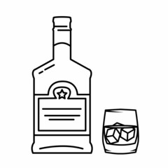 Hand drawn bottle of scotch whiskey with a glass. Hand drawing whiskey set used for advertising beverage in restaurant or pub menu, for logo design. Vector beverage illustration, ink sketch