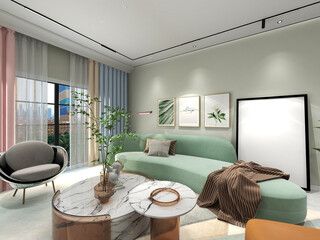 3D rendering, simple modern living room sofa with coffee table, with green plants on the table