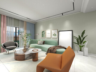 3D rendering, simple modern living room sofa with coffee table, with green plants on the table