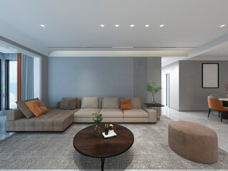 3D rendering, simple modern living room sofa with coffee table, with green plants on the table