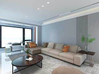 3D rendering, simple modern living room sofa with coffee table, with green plants on the table