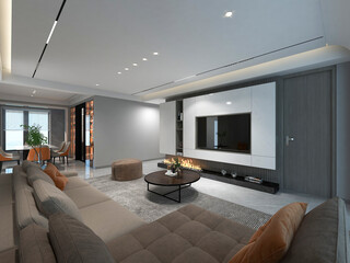 3D rendering, simple modern living room sofa with coffee table, with green plants on the table