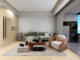 3D rendering, simple modern living room sofa with coffee table, with green plants on the table
