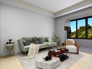 3D rendering, simple modern living room sofa with coffee table, with green plants on the table