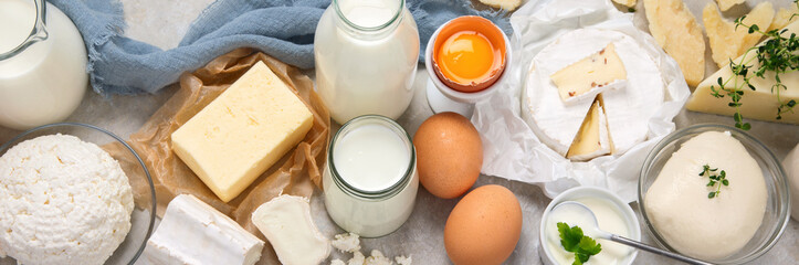 Fresh diary products on light background.