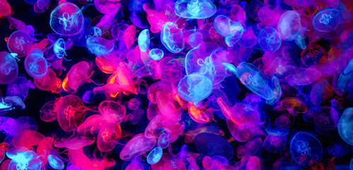 many colorful jellyfish on the dark sea