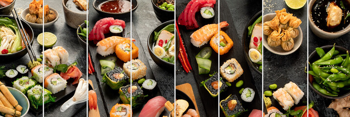 Fototapeta na wymiar Japanese dishes and snacks on gray background. Collage