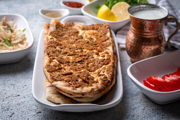 Turkish and Arabic Traditional Ramadan Bread Sliced Etli Ekmek or Pide