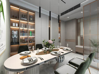 3D rendering, spacious dining room design next to the modern kitchen, with a beautiful dining table and greenery