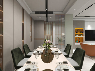 3D rendering, spacious dining room design next to the modern kitchen, with a beautiful dining table and greenery