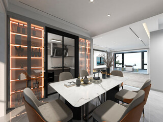 3D rendering, spacious dining room design next to the modern kitchen, with a beautiful dining table and greenery